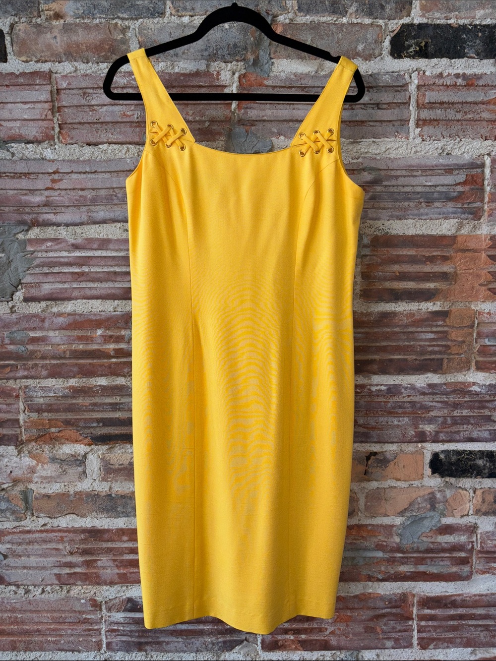 Vintage Bright Yellow Midi Sheath Dress with Lace-Up Shoulder Detail